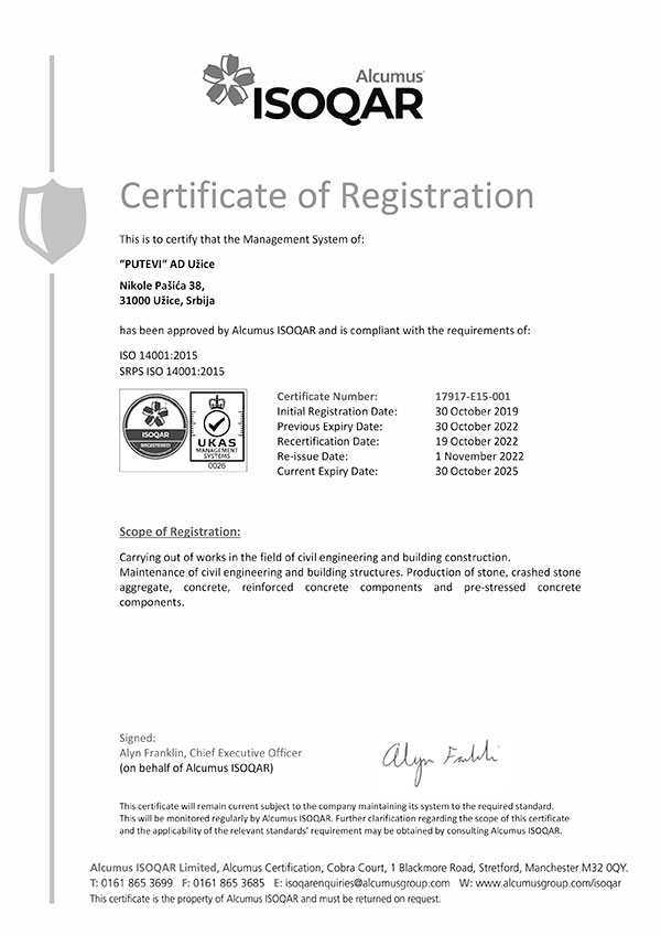 Putevi Užice  |  ISO-14001-2015